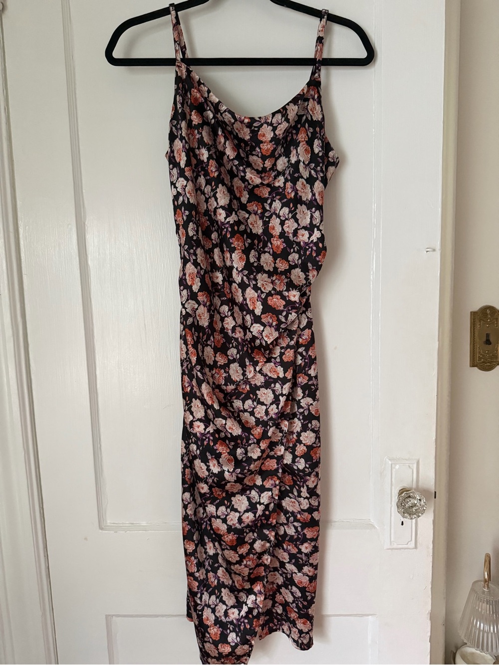 re:named Black Floral Midi Slip Dress with Blush and Coral Blooms